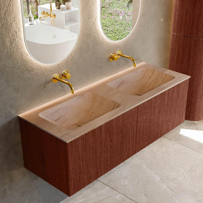 MONDIAZ KURVE-DLUX Meuble de salle de bains 130cm couleur Ruby avec 2 tiroirs et 0 porte. Lavabo LEAF Double sans trou de robinet Saba.