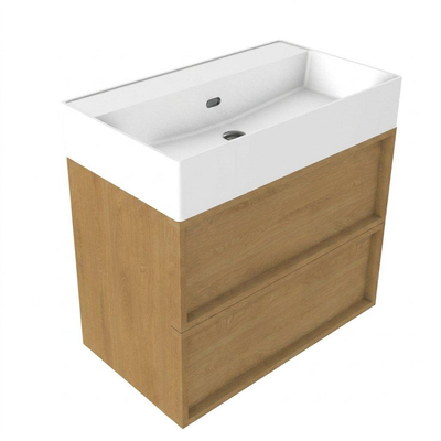 Ensemble meuble de salle de bains Saniclass Holz Frame - 80x45x72cm - lavabo Legend en céramique blanc mat - 1 vasque - sans trou de robinetterie - 2 tiroirs - chêne natural mat (bois)