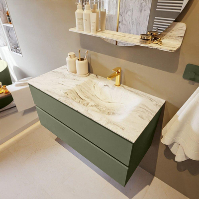 Mondiaz VICA-DLUX Ensemble de meuble de salle de bain - 100cm - meuble sous-vasque armée - 2 tiroirs - lavabo encastré cloud droite - 1 trou de robinet - version haute de 60cm - glace