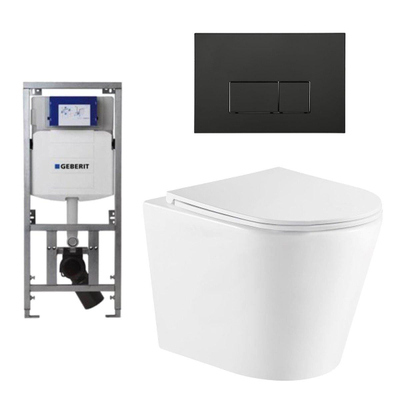 QeramiQ Dely Toiletset - 36.3x51.7cm - Geberit UP320 inbouwreervoir - softclose zitting - bedieningsplaat - mat zwart - rechthoekige knoppen - wit