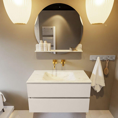 Mondiaz VICA-DLUX Ensemble de meuble de salle de bain - 90cm - meuble sous-vasque lin - 2 tiroirs - lavabo encastré nuage milieu - sans trous de robinet - miroir modèle spot - version XL 60cm haut - opalo