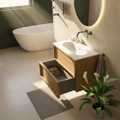 Saniclass Holz Frame Ensemble meuble de salle de bains - 80x45x73.9cm - lavabo Chaci en céramique blanc - 1 vasque - sans trou de robinet - 2 tiroirs - chêne natural mat (bois)