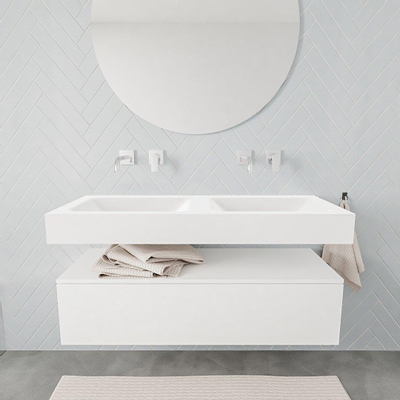 MONDIAZ ALAN 120cm - meuble bas - 1 tiroir - lavabo suspendu - 2 vasques - 0 trous de robinet - talc