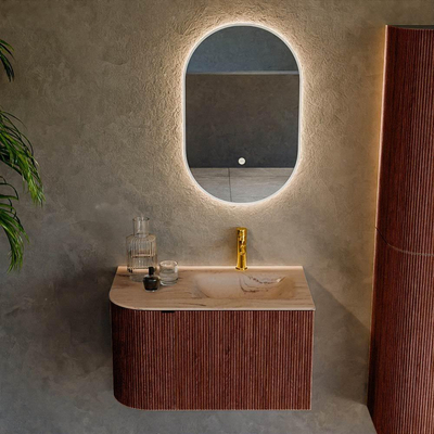 MONDIAZ KURVE-DLUX Meuble de salle de bains 75cm arrondi à gauche couleur Ruby avec 1 tiroir et 1 porte. Lavabo GRUNNE à droite 1 trou de robinet Arena.