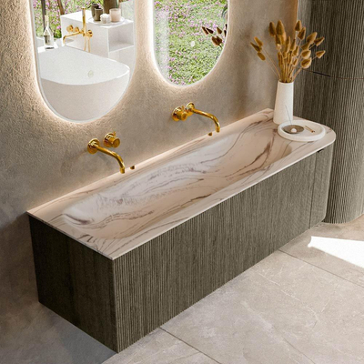 MONDIAZ KURVE-DLUX Meuble de salle de bains 145 cm arrondi à droite couleur Shadow avec 1 tiroir et 1 porte. Lavabo BIG LARGE à gauche sans trou de robinet Nata.