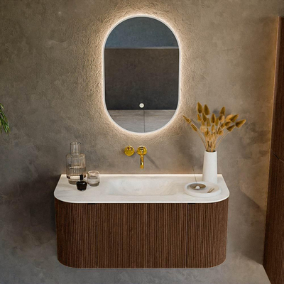 MONDIAZ KURVE-DLUX 100cm badmeubel met module 25 Len R kleur Walnut met 1 lade en 2 deuren. Wastafel GRUNNE midden zonder kraangat kleur Opalo.
