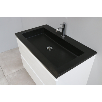 Basic Bella Meuble salle de bains avec lavabo acrylique Noir avec armoire toilette 2 portes gris 80x55x46cm 1 trou de robinet Blanc brillant