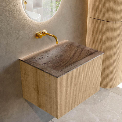 MONDIAZ KURVE-DLUX 60cm badmeubel kleur Oak met 1 lade en 0 deuren. Wastafel CLOUD Midden zonder kraangat Oza.
