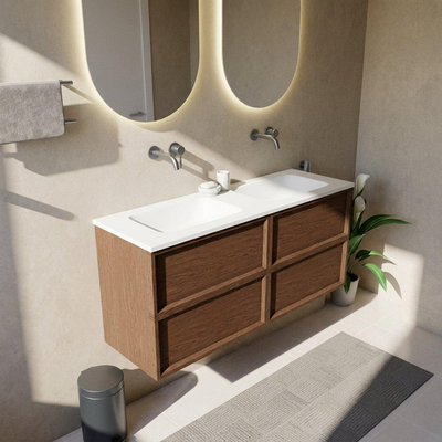 Saniclass Holz Frame Ensemble meuble de salle de bains - 140x45x77.5cm - lavabo Torino en surface solide blanc - sans trou de robinetterie - 4 tiroirs - noyer pur mat (bois)