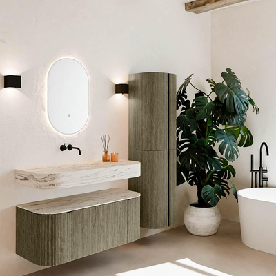 MONDIAZ THOR-DLUX Meuble de salle de bains 110cm arrondi gauche + droite couleur Shadow avec 1 tiroir et 2 portes. Vasque suspendue CLOUD Milieu sans trou de robinet couleur Nata.