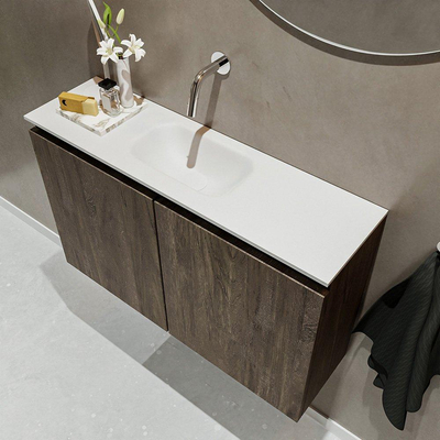 MONDIAZ TURE Toiletmeubel 80x23x50cm met 0 kraangaten 2 deuren dark brown mat Wastafel Eden midden Solid Surface Wit