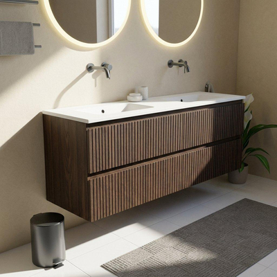 Saniclass Holz Atelier Ensemble de meuble de salle de bains - 160x45x77.5cm - lavabo Torino en solid surface blanc - sans trou de robinetterie - 4 tiroirs - chêne charcoal mat (bois)