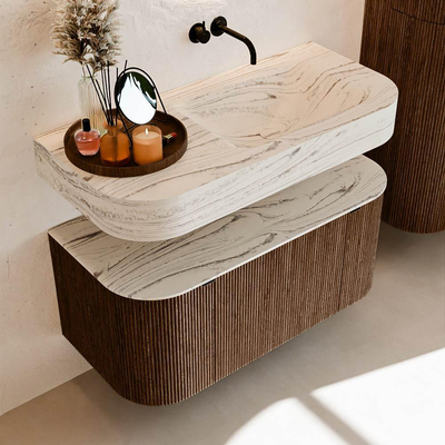 MONDIAZ THOR-DLUX 100cm badmeubel ronding links + rechts kleur Walnut met 1 lade en 2 deuren. Vrijhangende wastafel CLOUD Rechts zonder kraangat kleur Nata.