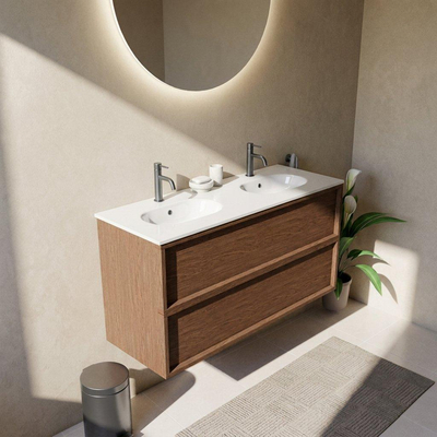 Saniclass Holz Frame Ensemble meuble de salle de bains - 120x45x74cm - lavabo Chaci en céramique blanc - 2 vasques - 2 trous de robinetterie - 2 tiroirs - walnut pure mat (bois)
