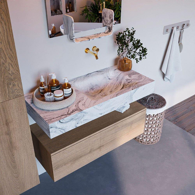 MONDIAZ ALAN - DLUX Ensemble de meubles de salle de bains - 100cm - meuble bas - chêne délavé - 1 tiroir - lavabo suspendu - vasque à droite - 0 trous de robinet - Glace