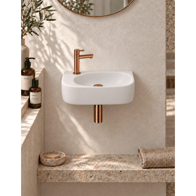 QeramiQ Fuente pack lave-mains – 40 x 21,5 x 12 cm – céramique blanc mat – perçage à gauche – robinet cuivre brossé