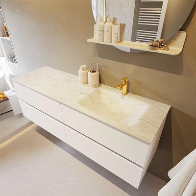 Mondiaz VICA-DLUX ensemble de meuble de salle de bain - 150cm - meuble sous-vasque talc - 4 tiroirs - lavabo encastré cloud droite - 1 trou de robinet - version haute de 60cm - opalo