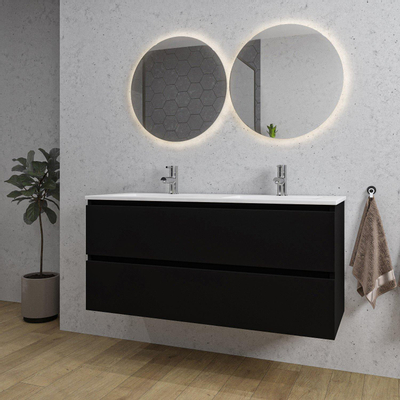 Saniclass Chaci Meuble de salle de bain - 120x45x55cm - lavabo en céramique brillant blanc - 2 vasques - 2 trous de robinet - 2 tiroirs - noir mat