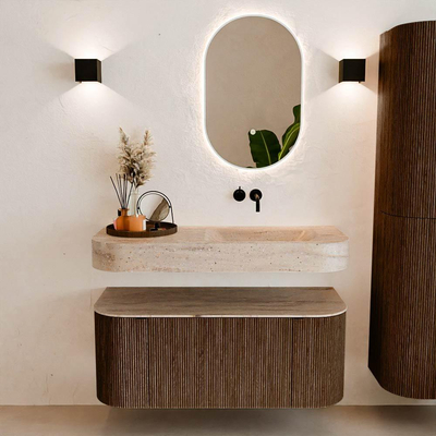 MONDIAZ THOR-DLUX 110cm badmeubel ronding links + rechts kleur Walnut met 1 lade en 2 deuren. Vrijhangende wastafel CLOUD Rechts zonder kraangat kleur Saba.