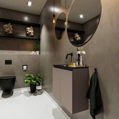MONDIAZ TURE Toiletmeubel 60x23x50cm met 0 kraangaten 2 deuren smoke mat Wastafel Eden links Solid Surface Zwart
