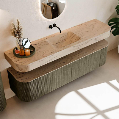 MONDIAZ THOR-DLUX Meuble de salle de bains - 180cm - arrondi gauche + droite - couleur Shadow - 2 tiroirs - 2 portes - Vasque suspendue CLOUD Milieu sans trou de robinet - couleur Arena