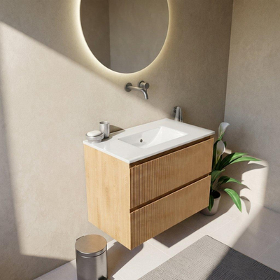 Saniclass Holz Atelier Ensemble meuble de salle de bains - 80x45x62cm - Vygo lavabo en céramique blanc - 1 vasque - sans trou de robinetterie - 2 tiroirs - chêne naturel mat (bois)