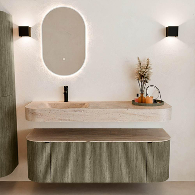 MONDIAZ THOR-DLUX 140cm meuble de salle de bains arrondi gauche + droite couleur Shadow avec 1 tiroir et 2 portes. Vasque suspendue CLOUD Gauche 1 trou de robinet couleur Saba.