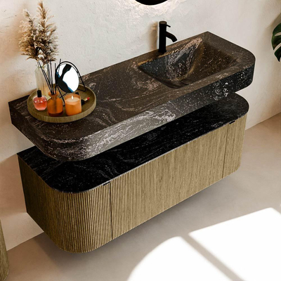 MONDIAZ THOR-DLUX 130cm meuble de salle de bains arrondi gauche + droite couleur Dusk avec 1 tiroir et 2 portes. Vasque suspendue CLOUD droite 1 trou de robinet couleur Lava.