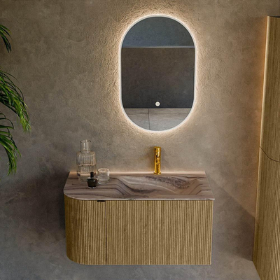 MONDIAZ KURVE-DLUX 85cm badmeubel ronding Links kleur Dusk met 1 lade en 1 deur. Wastafel CLOUD Rechts 1 kraangat Sombra.