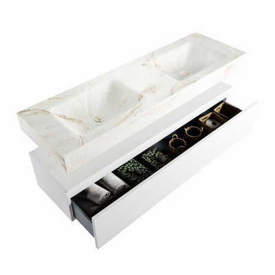 Mondiaz ALAN-DLUX Ensemble de meuble - 150cm - meuble Talc mat - 1 tiroir - Lavabo Cloud Frappe suspendu - vasque Gauche et droite - 2 trous de robinet