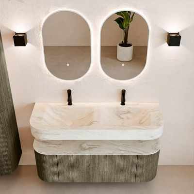 MONDIAZ THOR-DLUX 130cm meuble de salle de bains arrondi gauche + droite couleur Shadow avec 1 tiroir et 2 portes. Vasque suspendue CLOUD Double 2 trous de robinet couleur Ostra.