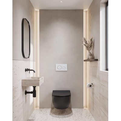 QeramiQ Dely Ensemble de WC - réservoir encastré Qeramiq Flush - abattant slim - plaque de commande en pierre naturelle marbre blanc - boutons ronds - noir mat