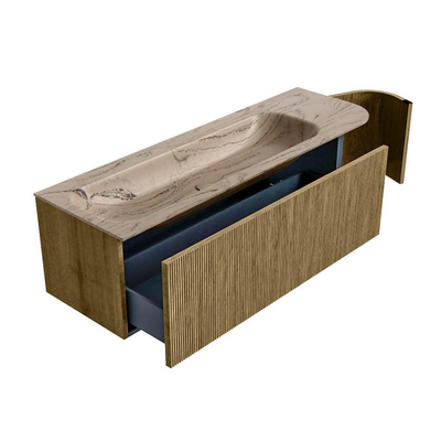 MONDIAZ KURVE-DLUX Meuble de salle de bains 145cm arrondi à droite couleur Dusk avec 1 tiroir et 1 porte. Lavabo BIG LARGE à gauche 2 trous de robinet Arena.