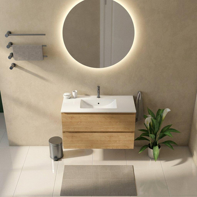 Saniclass Holz Pure Ensemble meuble de salle de bains - 100x45x62cm - Vygo lavabo en céramique blanc - 1 vasque - 1 trou de robinet - 2 tiroirs - chêne natural mat (bois)
