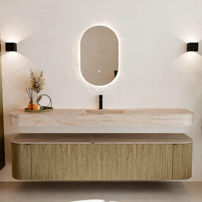 MONDIAZ THOR-DLUX 200cm meuble de salle de bains arrondi gauche + droite couleur Dusk avec 2 tiroirs et 2 portes. Vasque suspendue CLOUD Milieu 1 trou de robinet couleur Saba.