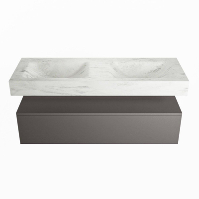 Mondiaz ALAN-DLUX Ensemble de meuble - 130cm - meuble Dark grey mat - 1 tiroir - Lavabo Cloud Opalo suspendu - vasque Gauche et droite - 0 trous de robinet