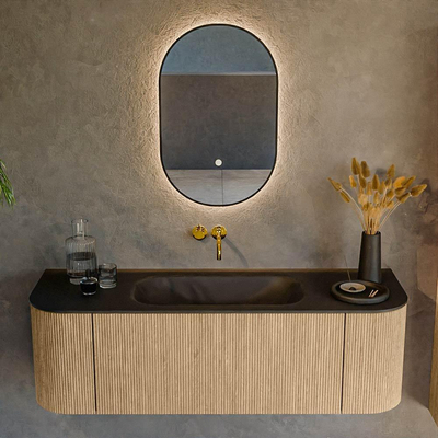 MONDIAZ KURVE 140cm Meuble salle de bain avec module 25 G et D - couleur Oak - 1 tiroir - 2 portes - vasque BIG SMALL centre - sans trous de robinet - Urban