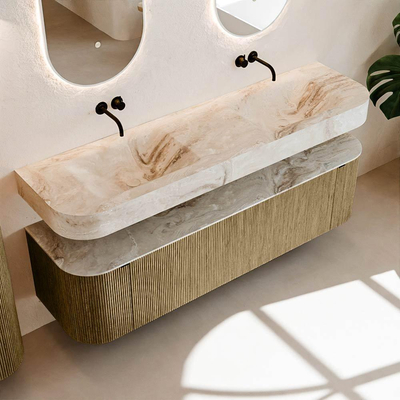 MONDIAZ THOR-DLUX Meuble de salle de bains 170cm arrondi gauche + droite couleur Dusk avec 1 tiroir et 2 portes. Vasque suspendue CLOUD Double sans trou de robinet couleur Frappe.