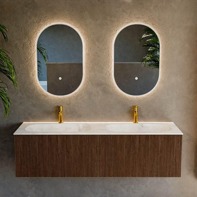 MONDIAZ KURVE-DLUX 150cm Meuble salle de bain - couleur Walnut - 2 tiroirs - vasque STOR SMALL double - 2 trous de robinet - couleur Ostra
