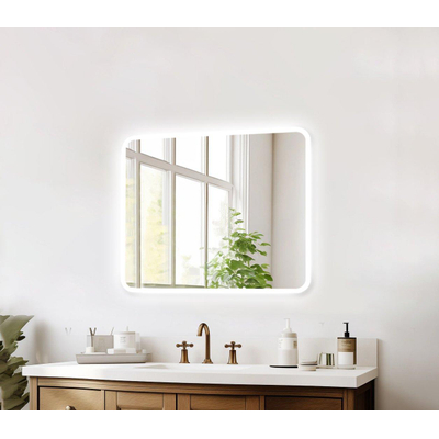 Saniclass Lumen Miroir de Salle de Bain - 80x70 cm - avec coins arrondis - installation horizontale / verticale - éclairage LED indirect - chauffage de miroir - capteur infrarouge en partie inférieure