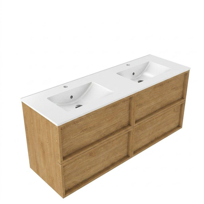 Saniclass Holz Frame Ensemble de meubles de salle de bains - 140x45x62cm - Vygo lavabo en céramique blanc - 2 vasques - 2 trous de robinetterie - 4 tiroirs - chêne natural brillant (bois)