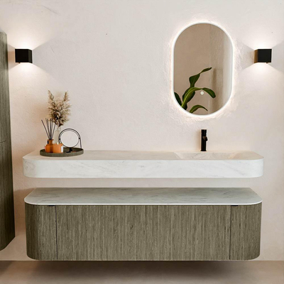 MONDIAZ THOR-DLUX 170cm meuble de salle de bains arrondi gauche + droite couleur Shadow avec 1 tiroir et 2 portes. Vasque suspendue CLOUD Droite 1 trou de robinet couleur Opalo.