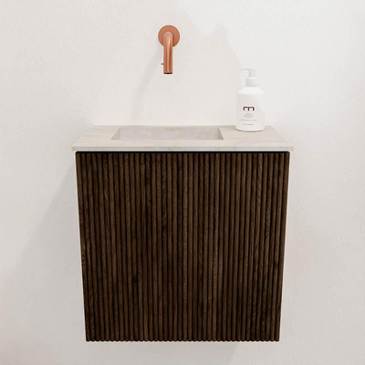 Mondiaz JOYA-DLUX 40cm toiletmeubel - kleur Walnut - Wastafel FAYE positie Links Zonder kraangat kleur Ostra.
