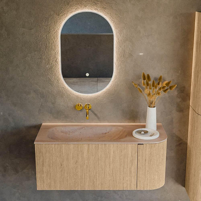 MONDIAZ KURVE-DLUX Meuble de salle de bains 105cm arrondi à droite couleur Oak avec 1 tiroir et 1 porte. Lavabo BIG SMALL à gauche sans trou de robinet Saba.