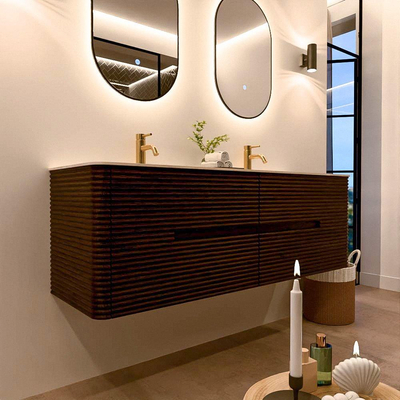 Mondiaz CIRO-DLUX Badkamermeubelset - 150x45x50cm - Solid surface wastafel Meli - 2 wasbak Dubbel - 2 kraangaten - 4 lades - Walnut