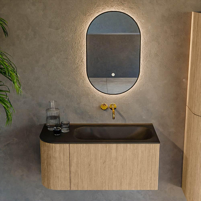 MONDIAZ KURVE 95cm Meuble salle de bain avec module 25 G - couleur Oak - 1 tiroir - 1 porte - vasque BIG SMALL droite - sans trous de robinet - Urban