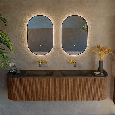 MONDIAZ KURVE 170cm Meuble salle de bain avec module 25 G et D - couleur Walnut - 1 tiroir - 2 portes - vasque CLOUD double - sans trous de robinet - Urban