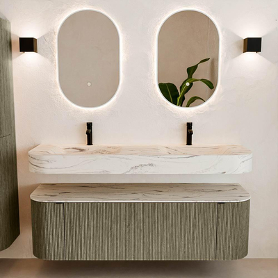 MONDIAZ THOR-DLUX 150cm meuble de salle de bains arrondi gauche + droite couleur Shadow avec 1 tiroir et 2 portes. Vasque suspendue CLOUD Double 2 trous de robinet couleur Nata.