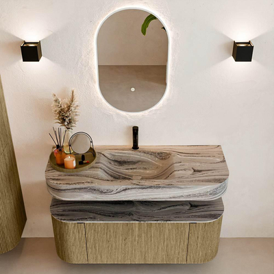 MONDIAZ THOR-DLUX 120cm meuble de salle de bains arrondi gauche + droite couleur Dusk avec 1 tiroir et 2 portes. Vasque suspendue CLOUD Milieu 1 trou de robinet couleur Sombra.