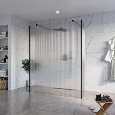 FugaFlow Eccelente Vetro Vrijstaande inloopdouche badkamer - 160x200cm - Helder geribbeld - antikalk - 8mm veiligheidsglas - 2 zijwanden 30cm - met wandarmen en hoekprofielen - Zwart mat -